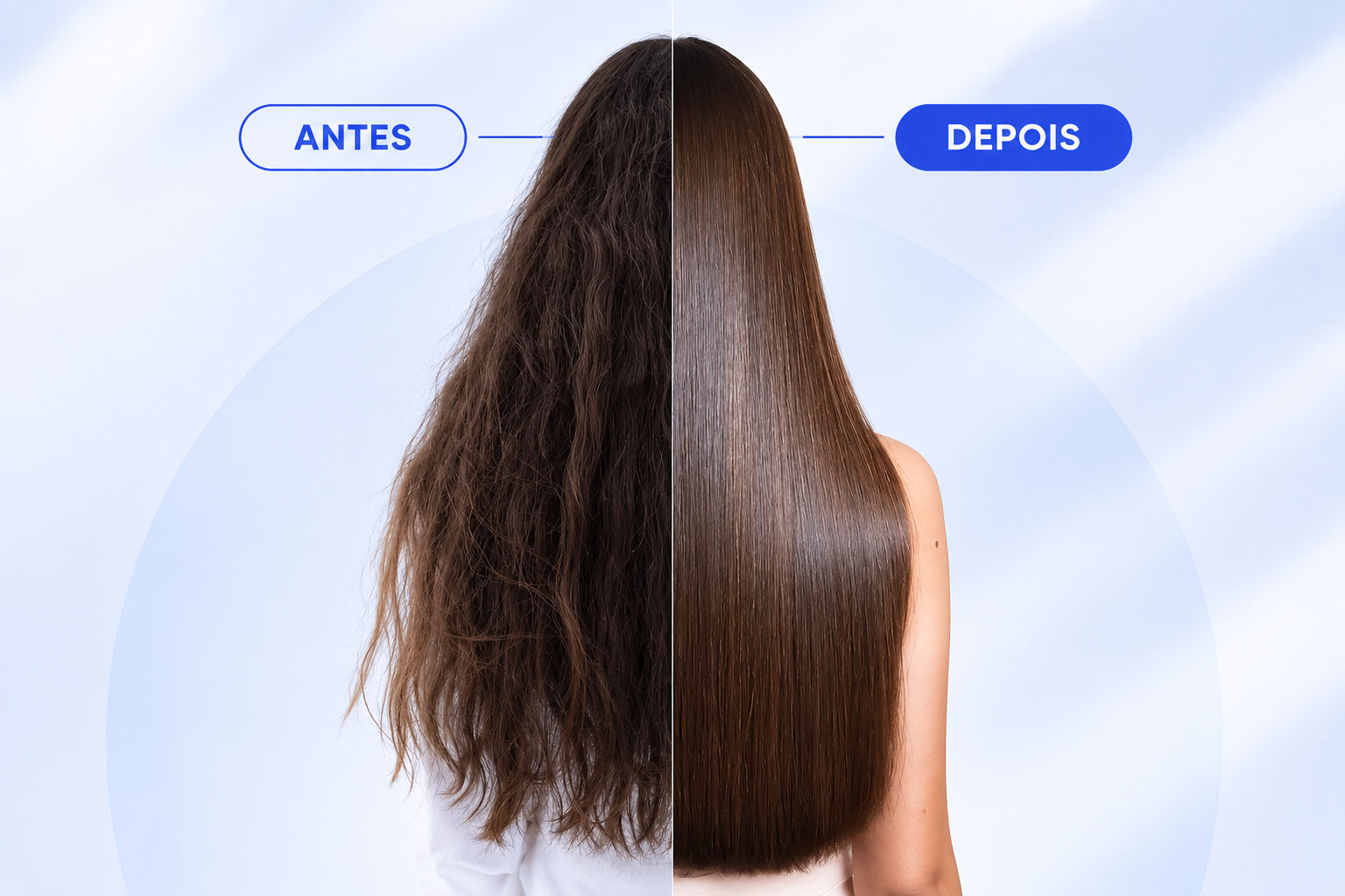 Comparativo visual antes e depois do uso da progressiva vegetal sem formol BLUE Hair